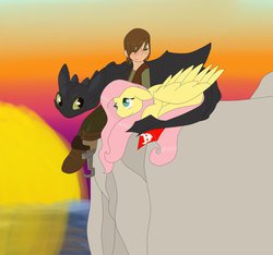 Size: 925x864 | Tagged: safe, artist:scribblesea, fluttershy, human, g4, crossover, dreamworks, hiccup horrendous the third, how to train your dragon, prosthetics, toothless the dragon