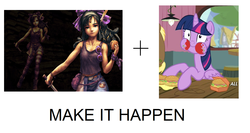 Size: 1477x786 | Tagged: safe, twilight sparkle, alicorn, pony, g4, my little pony: friendship is magic, twilight time, burger, exploitable meme, female, hay burger, la-mulana, make it happen, mare, meme, messy, messy eating, mulbruk, puffy cheeks, twilight burgkle, twilight slobble, twilight sparkle (alicorn)