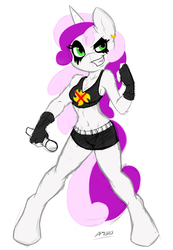 Size: 709x1024 | Tagged: safe, artist:ambris, artist:octavia's lover, sweetie belle, anthro, unguligrade anthro, g4, belly button, black metal, bullet belt, cleavage, clothes, corpse paint, female, metal, metal belle, midriff, skirt, solo, sports bra