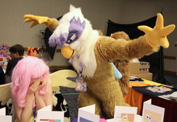 Size: 1024x710 | Tagged: safe, artist:spainfischer, fluttershy, gilda, griffon, human, g4, canterlotcon, convention, cosplay, flutterbuse, fursuit, irl, irl human, photo, sydneyroo(coser)