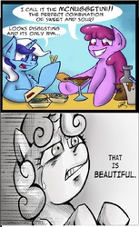 Size: 648x1058 | Tagged: safe, artist:jorobro, berry punch, berryshine, minuette, sweetie belle, g4, exploitable meme, hay burger, mcnuggetini, meme, that is beautiful