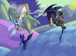 Size: 3500x2600 | Tagged: safe, artist:eivuiee, discord, princess celestia, princess luna, g4, fight