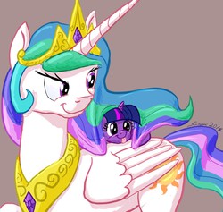 Size: 1216x1152 | Tagged: safe, artist:snapai, princess celestia, twilight sparkle, alicorn, pony, unicorn, g4, cute, female, filly, gray background, mare, momlestia, simple background, smiling, tongue out, twiabetes