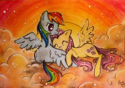 Size: 1024x725 | Tagged: safe, artist:mistresscloudberry, fluttershy, rainbow dash, g4, backlighting, cloud, cloudy, female, lesbian, ship:flutterdash, shipping, snow, snowfall, sunset, traditional art