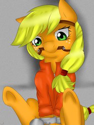 Size: 774x1032 | Tagged: safe, artist:artsenravenbrave, applejack, g4, ball and chain, bridle, clothes, female, prison outfit, solo, underhoof