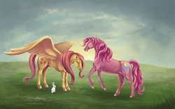 Size: 900x563 | Tagged: safe, artist:ladyinsomnia22, angel bunny, fluttershy, pinkie pie, female, hoers, realistic, realistic anatomy, realistic horse legs