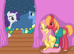 Size: 2338x1700 | Tagged: safe, artist:1231redflame, big macintosh, fluttershy, rarity, toe-tapper, earth pony, pony, filli vanilli, g4, my little pony: friendship is magic, blushing, eyes closed, male, raised hoof, ship:fluttermac, shipping, sitting, smiling, stallion, straight