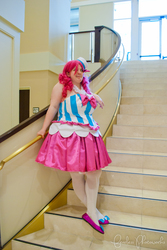 Size: 2592x3872 | Tagged: safe, artist:rhapsodey, pinkie pie, human, g4, clothes, cosplay, dignified wear, dress, flats, gala dress, irl, irl human, photo, sakura con, solo, stairs