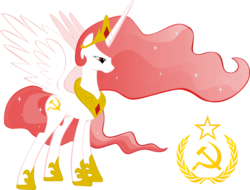 Size: 3083x2337 | Tagged: safe, artist:eppleblam, artist:voaxmasterspydre, edit, princess celestia, alicorn, pony, g4, communism, female, frown, princess communestia, recolor, red, simple background, solo, soviet, soviet union, spread wings, standing, transparent background