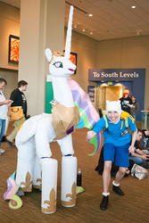 Size: 2293x3431 | Tagged: safe, princess celestia, human, g4, adventure time, cosplay, finn the human, irl, irl human, male, photo, ponysuit, quadsuit, the burdened