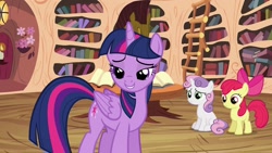 Size: 1280x720 | Tagged: safe, screencap, apple bloom, sweetie belle, twilight sparkle, alicorn, pony, g4, my little pony: friendship is magic, twilight time, female, lidded eyes, mare, out of context, twilight sparkle (alicorn)