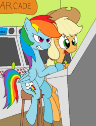 Size: 443x582 | Tagged: safe, artist:hyolark, applejack, rainbow dash, earth pony, pegasus, pony, g4, arcade, arcade game, controller, joystick, ms paint, video game