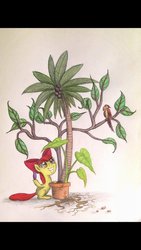 Size: 670x1191 | Tagged: safe, artist:thefriendlyelephant, apple bloom, bird, earth pony, parrot, pony, g4, twilight time, coconut, coconut tree, elephant ear plant, female, filly, foal, happy, palm tree, plant, pot, potion, potted plant, roots, scene interpretation, smiling, solo, traditional art, tree
