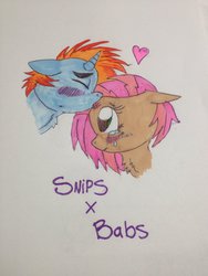 Size: 774x1032 | Tagged: safe, artist:finnfangirl, babs seed, snips, g4, bips, blushing, crying, female, heart, hilarious in hindsight, kissing, male, shipping, straight