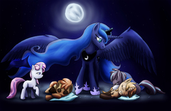 Size: 2500x1618 | Tagged: safe, artist:fox-moonglow, princess luna, oc, oc:gari, oc:magpie, oc:moondancer, oc:spirit, children of the night, g4, moon