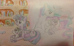 Size: 900x569 | Tagged: safe, artist:fallenangel5414, princess celestia, sweetie belle, twilight sparkle, alicorn, pony, g4, female, filly, mare, traditional art, twilight sparkle (alicorn)