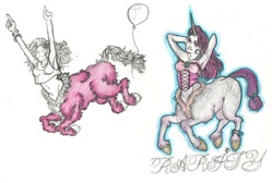 Size: 2588x1736 | Tagged: artist needed, safe, pinkie pie, rarity, centaur, g4, balloon, horn, horned humanization, humanized