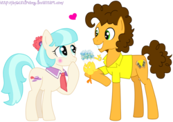 Size: 900x637 | Tagged: dead source, safe, artist:jaquelindreamz, boneless, cheese sandwich, coco pommel, earth pony, pony, g4, blushing, bouquet, cheesecoco, crack shipping, female, male, shipping, simple background, stallion, straight, transparent background