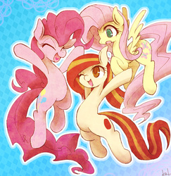 Size: 1000x1027 | Tagged: safe, artist:kolshica, fluttershy, pinkie pie, oc, oc:poniko, g4