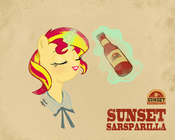 Size: 1280x1024 | Tagged: source needed, safe, artist:silence, sunset shimmer, pony, unicorn, g4, bust, collaboration, eyes closed, fallout: new vegas, female, glowing horn, horn, magic, mare, sarsparilla, solo, sunset sarsparilla, telekinesis