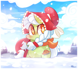 Size: 920x820 | Tagged: safe, artist:php56, granny smith, g4, adorasmith, blushing, bonnet, chibi, cute, female, snow, snowfall, solo, younger