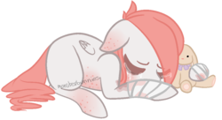 Size: 1050x570 | Tagged: safe, artist:lullabyprince, oc, oc only, oc:lula, pegasus, pony, bandage, blood, crying, eye clipping through hair, female, floppy ears, hair over one eye, mare, plushie, signature, solo