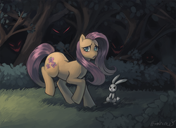 Size: 1123x821 | Tagged: safe, artist:hirahime, angel bunny, fluttershy, g4, dark, everfree forest, forest, wingless