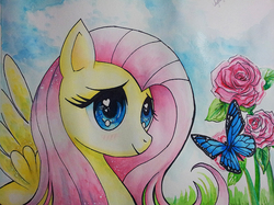 Size: 839x627 | Tagged: safe, artist:dream-port, fluttershy, butterfly, g4, female, flower, solo, traditional art