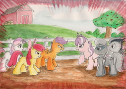 Size: 2317x1632 | Tagged: safe, artist:souleatersaku90, apple bloom, diamond tiara, rumble, scootaloo, silver spoon, sweetie belle, g4, cutie mark crusaders, fanfic, fanfic art, the simple life, traditional art, watercolor painting