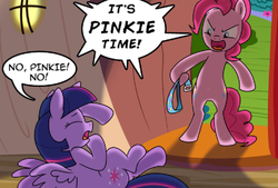 Size: 832x562 | Tagged: safe, artist:madmax, pinkie pie, twilight sparkle, alicorn, earth pony, pony, g4, twilight time, belt, bipedal, both cutie marks, cowering, eyes closed, female, goofy time, mare, needs more jpeg, on back, open mouth, speech bubble, spread wings, twilight sparkle (alicorn), yelling