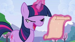 Size: 720x400 | Tagged: safe, screencap, twilight sparkle, pony, unicorn, a canterlot wedding, g4, chickun, faic, female, letter, lidded eyes, magic, mare, meme, mid-blink screencap, open mouth, reading, scroll, smiling, solo, telekinesis, unicorn twilight