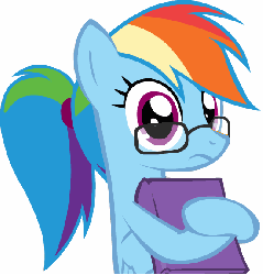 Size: 550x575 | Tagged: safe, artist:ianimateyourpictures, artist:zacatron94, rainbow dash, pegasus, pony, g4, adorkable, alternate hairstyle, animated, book, cute, dashabetes, dork, egghead, female, frown, glasses, looking at you, mare, meganekko, nerd pony, ponytail, rainbow dork, shifty eyes, show accurate, simple background, solo, white background