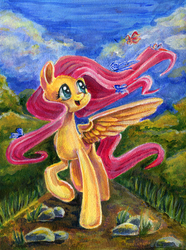 Size: 550x738 | Tagged: safe, artist:maytee, fluttershy, butterfly, pegasus, pony, g4, cloud, female, looking at something, looking up, mare, one wing out, open mouth, outdoors, path, raised hoof, solo, traditional art, turned head, wings
