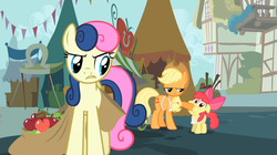 Size: 970x545 | Tagged: safe, screencap, apple bloom, applejack, bon bon, sweetie drops, call of the cutie, g4