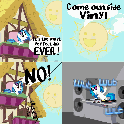Size: 894x894 | Tagged: safe, artist:ianimateyourpictures, artist:shinodage, dj pon-3, vinyl scratch, pony, unicorn, g4, animated, come outside chris, comic, cute, eyes closed, female, mare, open mouth, parody, perfect day, sky, smiling, speaker, sun, wub