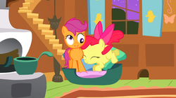Size: 929x522 | Tagged: safe, screencap, apple bloom, scootaloo, g4, stare master, derp