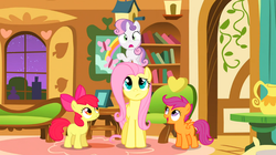 Size: 930x522 | Tagged: safe, screencap, apple bloom, fluttershy, scootaloo, sweetie belle, g4, stare master, cutie mark crusaders