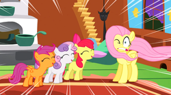 Size: 930x522 | Tagged: safe, screencap, apple bloom, fluttershy, scootaloo, sweetie belle, g4, stare master, cutie mark crusaders, yay, yelling
