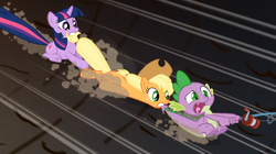 Size: 1054x592 | Tagged: safe, screencap, applejack, spike, twilight sparkle, dragon, earth pony, pony, unicorn, a dog and pony show, g4, biting, female, male, mare, tail bite