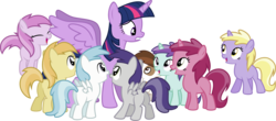 Size: 2721x1194 | Tagged: safe, artist:jeatz-axl, cotton cloudy, dinky hooves, liza doolots, noi, petunia, pipsqueak, piña colada, ruby pinch, tootsie flute, tornado bolt, twilight sparkle, alicorn, earth pony, pegasus, pony, unicorn, g4, twilight time, .svg available, background pony, colt, female, filly, foal, male, mare, piña cutelada, pronking, simple background, svg, transparent background, twilight sparkle (alicorn), vector