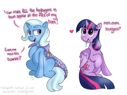 Size: 6000x4497 | Tagged: safe, artist:bloodyhellhayden, trixie, twilight sparkle, alicorn, pony, g4, twilight time, absurd resolution, dialogue, drool, female, lesbian, mare, ship:twixie, shipping, that pony sure does love burgers, twilight burgkle, twilight sparkle (alicorn)