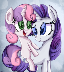 Size: 900x1005 | Tagged: safe, artist:daniel-sg, rarity, sweetie belle, pony, unicorn, g4, female, filly, mare, ponies riding ponies, riding, simple background, sisters, smiling, sweetie belle riding rarity