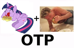 Size: 736x477 | Tagged: safe, artist:jeatz-axl, twilight sparkle, alicorn, pony, g4, burger, david hasselhoff, exploitable meme, female, food, hamburger, hay burger, mare, meme, messy eating, otp, shipping, twilight burgkle, twilight sparkle (alicorn)