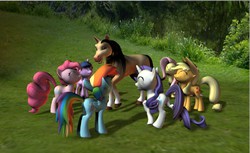 Size: 1007x615 | Tagged: safe, artist:hectorny, applejack, fluttershy, pinkie pie, rainbow dash, rarity, twilight sparkle, horse, pony, unicorn, g4, 3d, horse-pony interaction, mane six