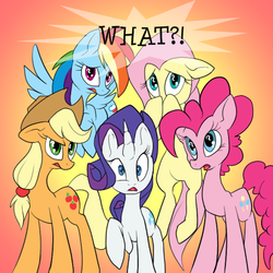 Size: 1000x1000 | Tagged: safe, artist:aviantheatrics, applejack, fluttershy, rainbow dash, rarity, ask twilight and spike!, g4, ask, ask-twispike, surprised, tumblr