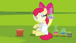 Size: 1280x720 | Tagged: safe, screencap, apple bloom, g4, twilight time, clothes, female, lab coat, safety goggles, solo