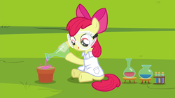 Size: 1280x720 | Tagged: safe, screencap, apple bloom, g4, twilight time, clothes, erlenmeyer flask, female, florence flask, lab coat, safety goggles, solo, test tube