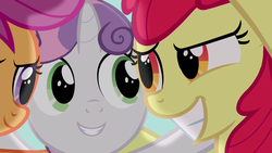 Size: 1280x720 | Tagged: safe, screencap, apple bloom, scootaloo, sweetie belle, g4, twilight time, cutie mark crusaders, grin