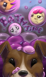 Size: 3000x5000 | Tagged: safe, artist:bluest-ayemel, apple bloom, scootaloo, sweetie belle, winona, g4, bath, bubble, cover, cutie mark crusaders, fanfic art, fanfic cover, frown, reflection, surreal