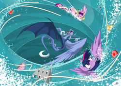 Size: 1752x1239 | Tagged: safe, artist:quynzel, discord, princess cadance, twilight sparkle, alicorn, pony, g4, three's a crowd, blue flu, cheese grater, female, large wings, mare, scene interpretation, singing, sisters-in-law, trollface, twilight sparkle (alicorn), water